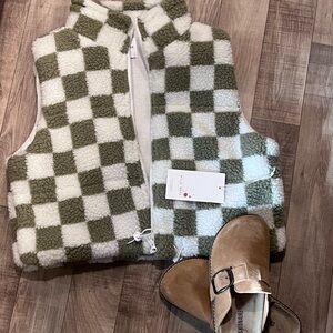 Wild Rose Checkered Fleece Vest - Green and White